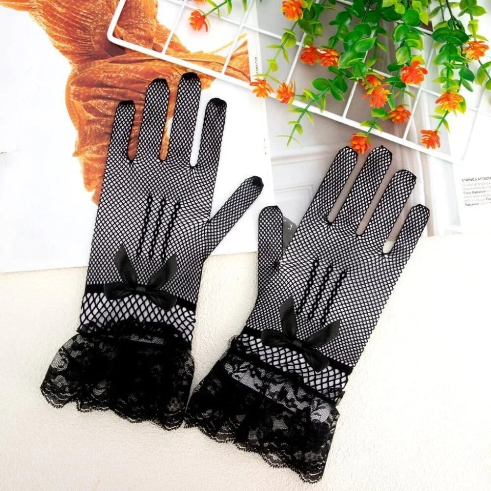Women's A-Black Halloween Tea Short Lace Gloves Elegant Bridal Cosplay Party